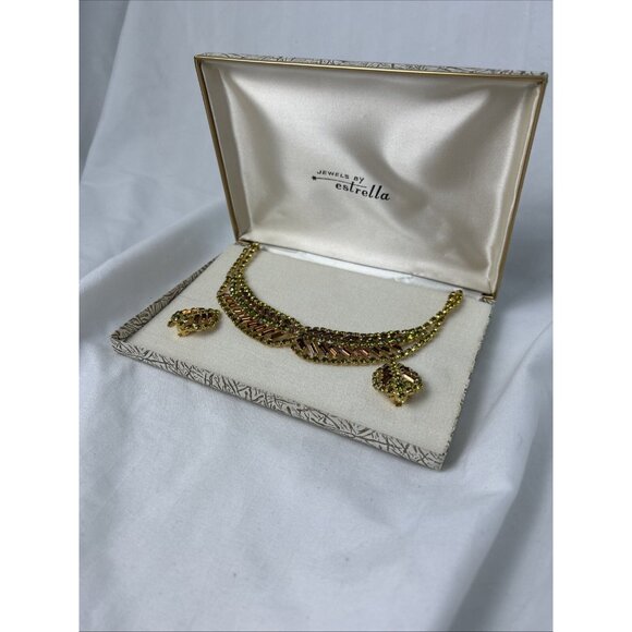 Vintage Jewels By Estrella Rhinestone Necklace And Clip On Earring Set Green - Picture 3 of 8